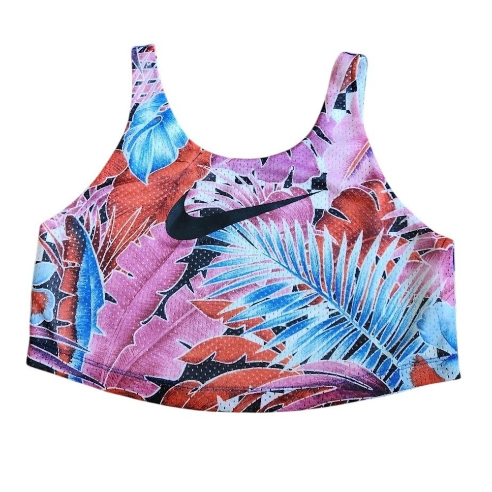 Nike Womens Tropical Palm Mesh Crop Tank Top Pink Blue Floral Swoosh Small 647
